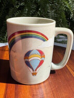 Vintage 1980s Otagiri Japan Mug - Hand-Painted Rainbow and Hot Air Balloon